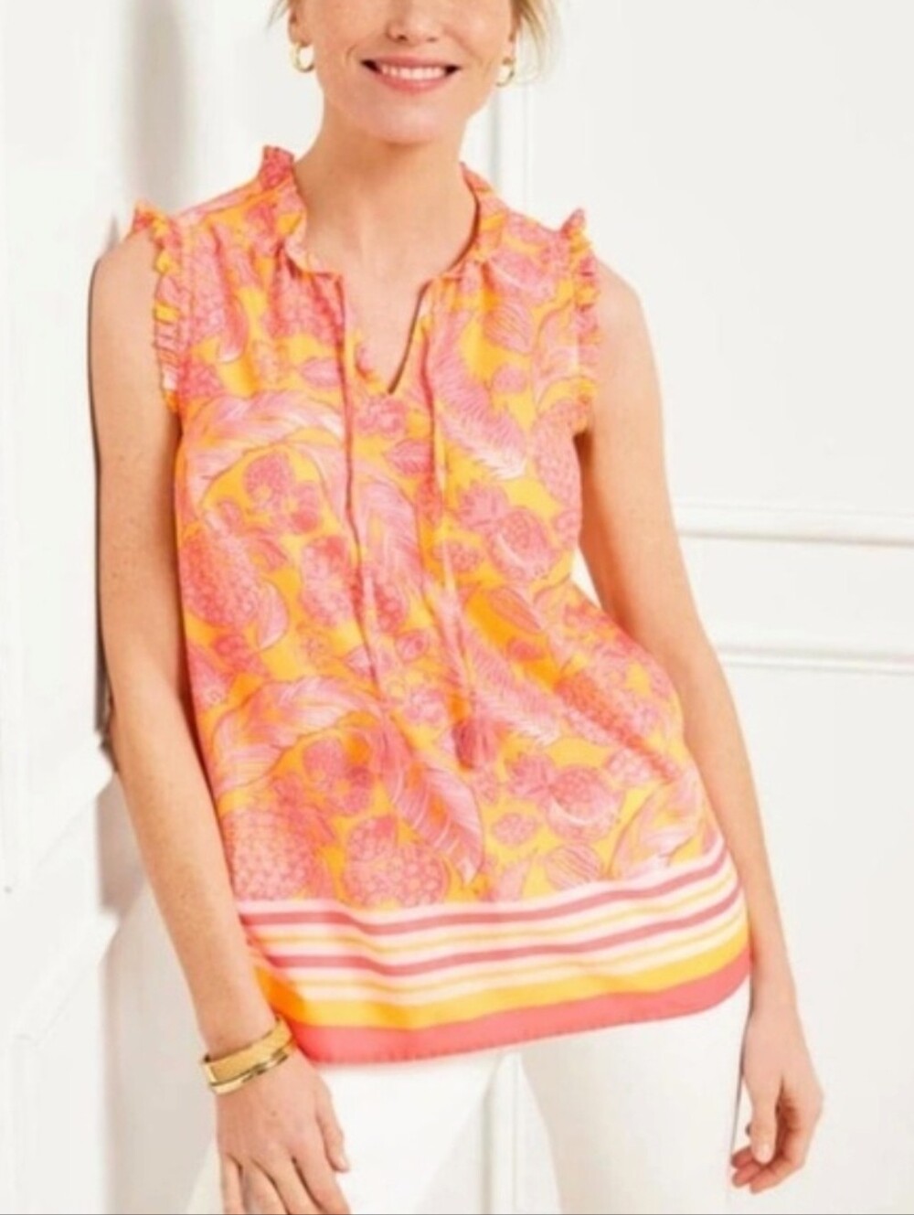 Talbots Yellow & Coral Sleeveless Tassel Tie Tank Top sz L